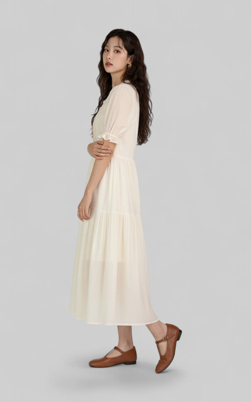 Elegant Hollow Embroidery Fairycore Midi Dress