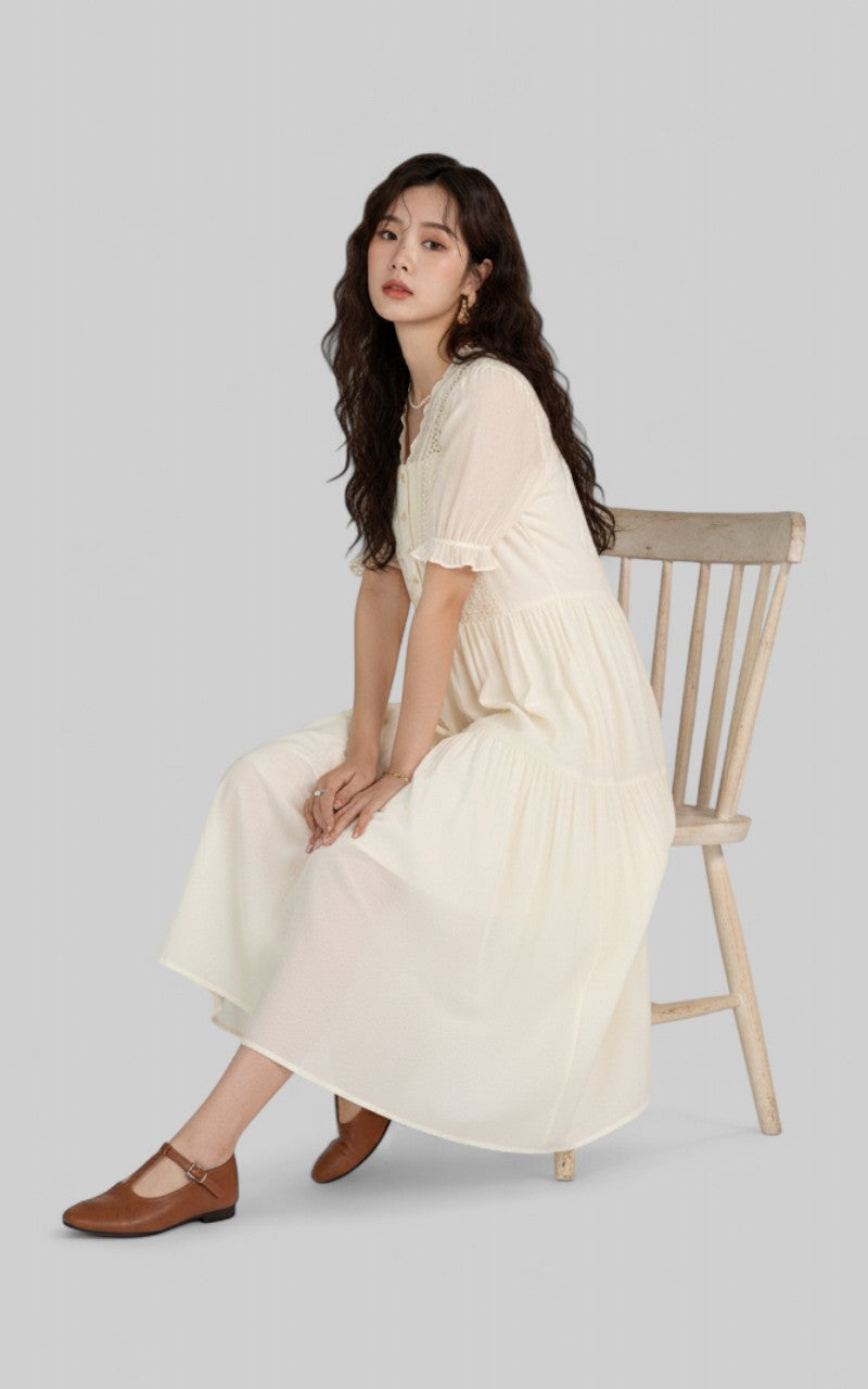 Elegant Hollow Embroidery Fairycore Midi Dress