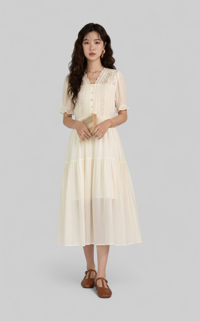 Elegant Hollow Embroidery Fairycore Midi Dress