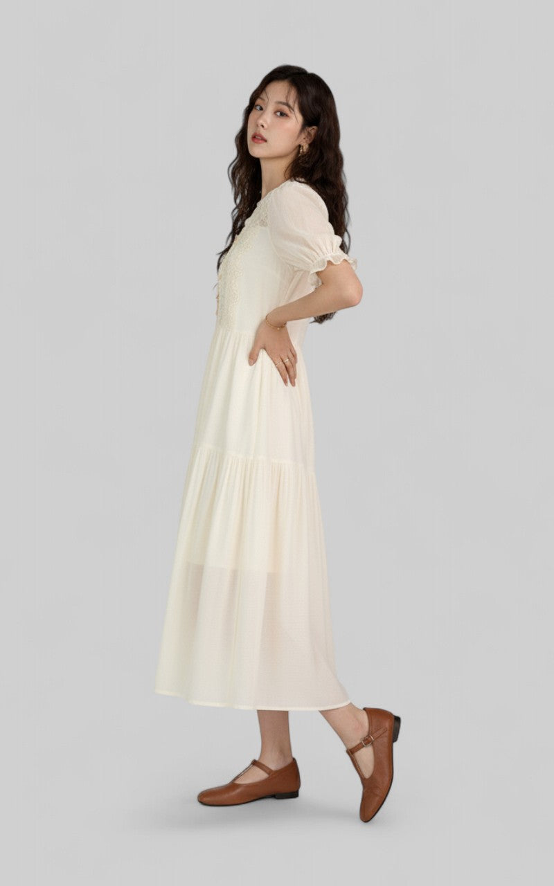 Elegant Hollow Embroidery Fairycore Midi Dress