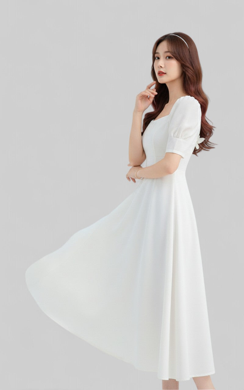 White Square-Neck A-Line Long Dress