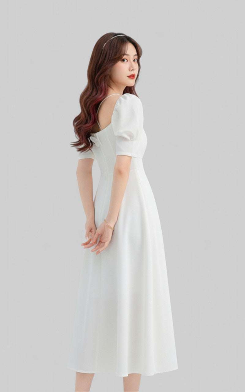 White Square-Neck A-Line Long Dress