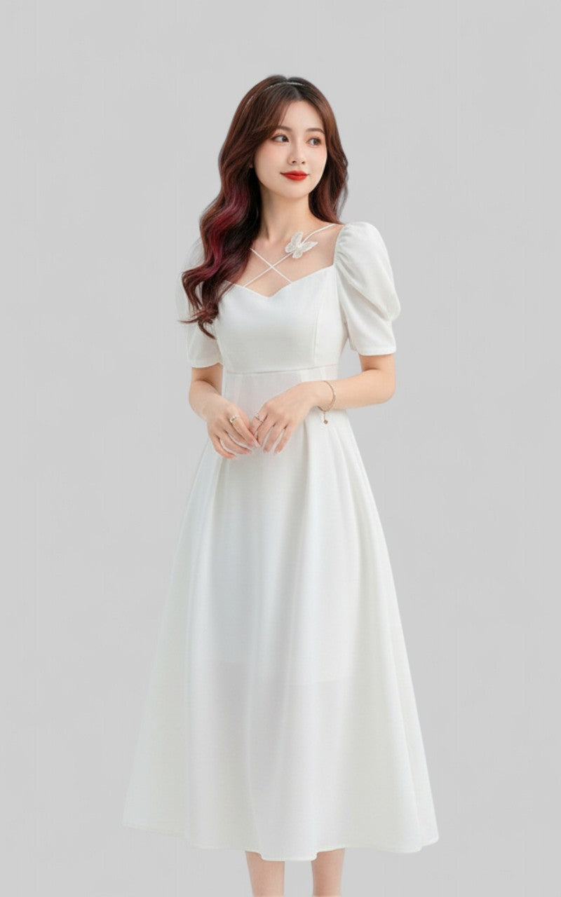 White Square-Neck A-Line Long Dress