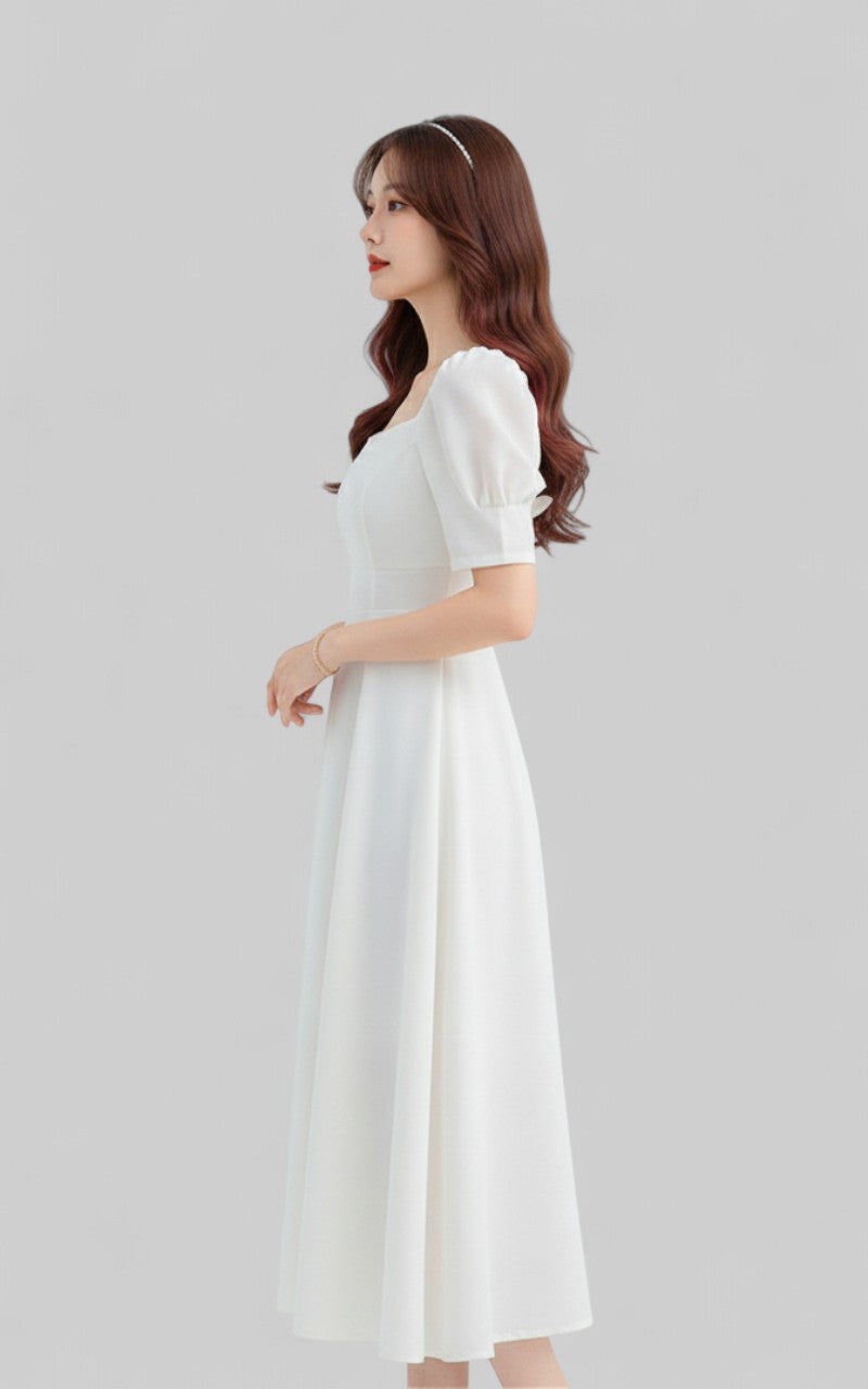 White Square-Neck A-Line Long Dress
