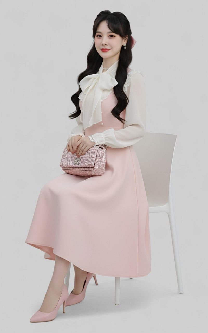 Soft Pink Fairy Cottagecore Lace Bow Midi Dress