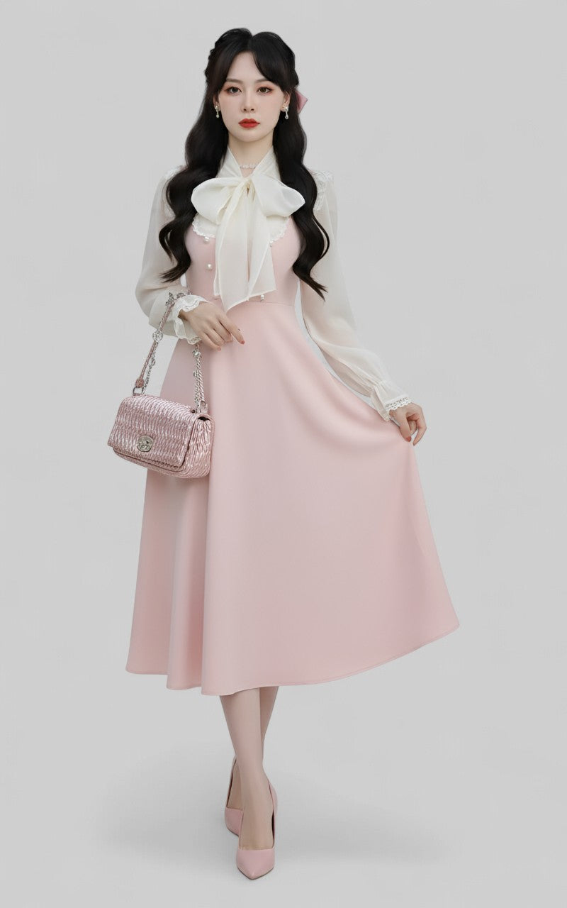 Soft Pink Fairy Cottagecore Lace Bow Midi Dress