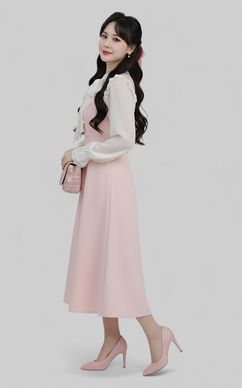 Soft Pink Fairy Cottagecore Lace Bow Midi Dress