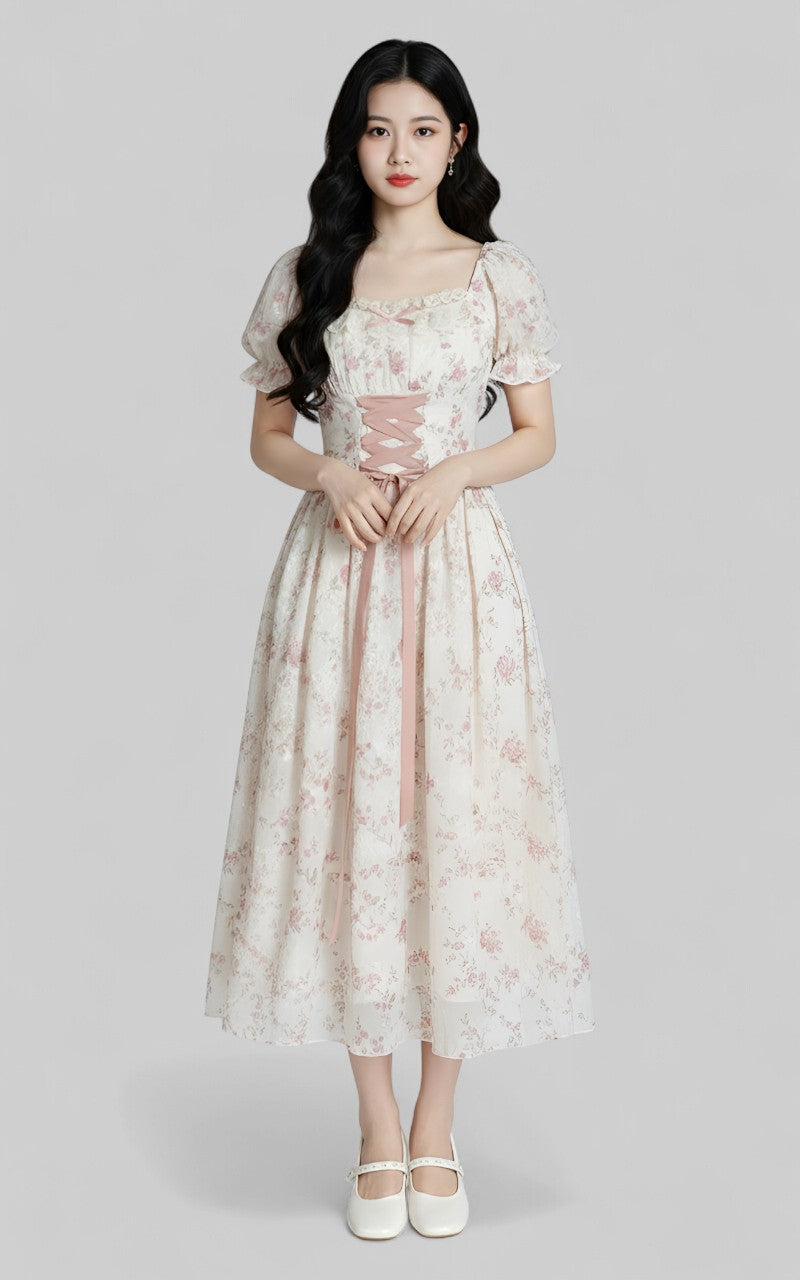 Korean Floral Lace-Up Princess Dress
