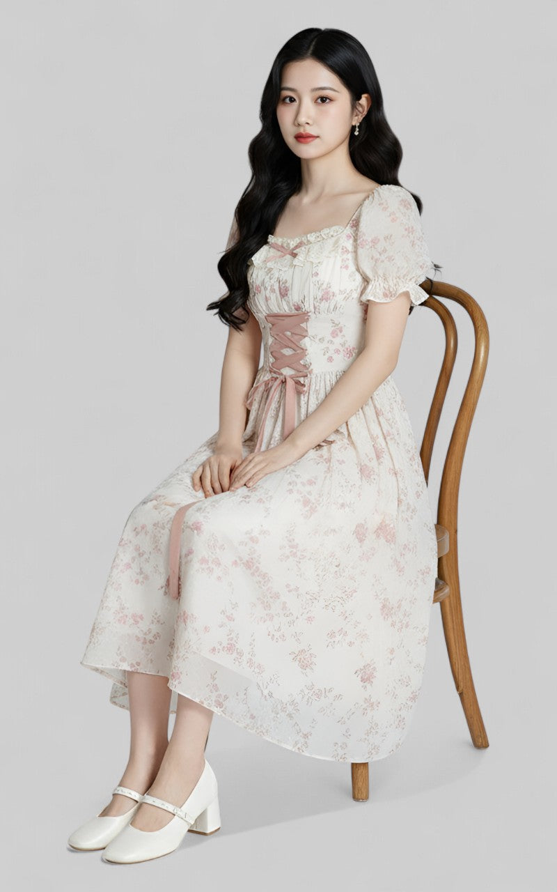 Korean Floral Lace-Up Princess Dress