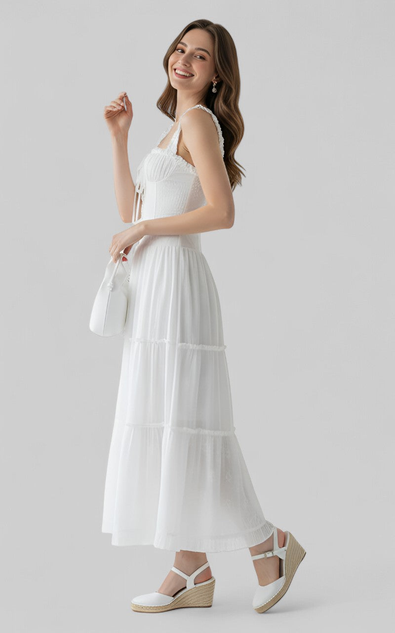 White Cottagecore Corset Midi Dress