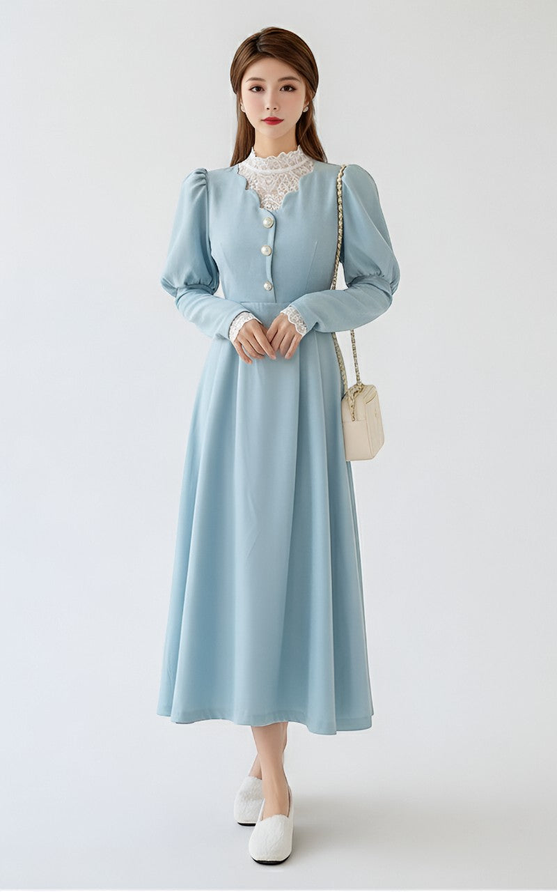 Winter Lace Patchwork French Midi Dress