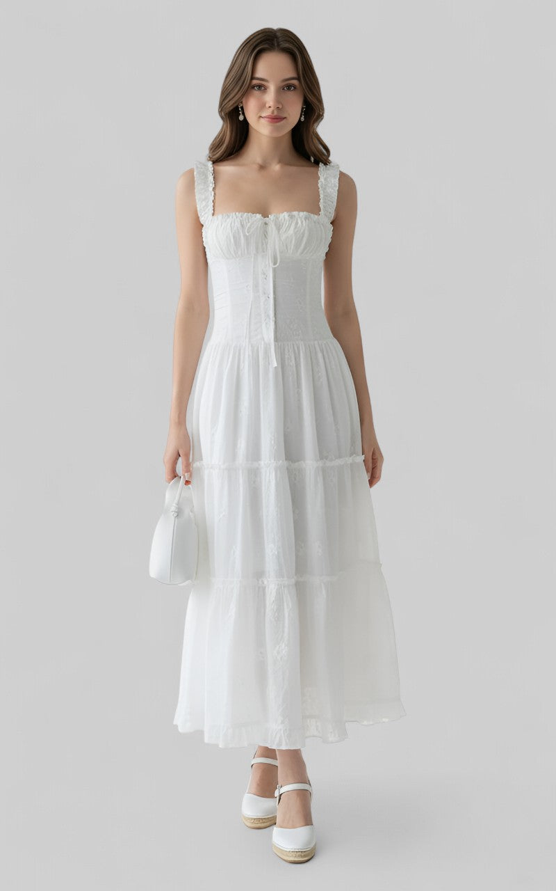 White Cottagecore Corset Midi Dress