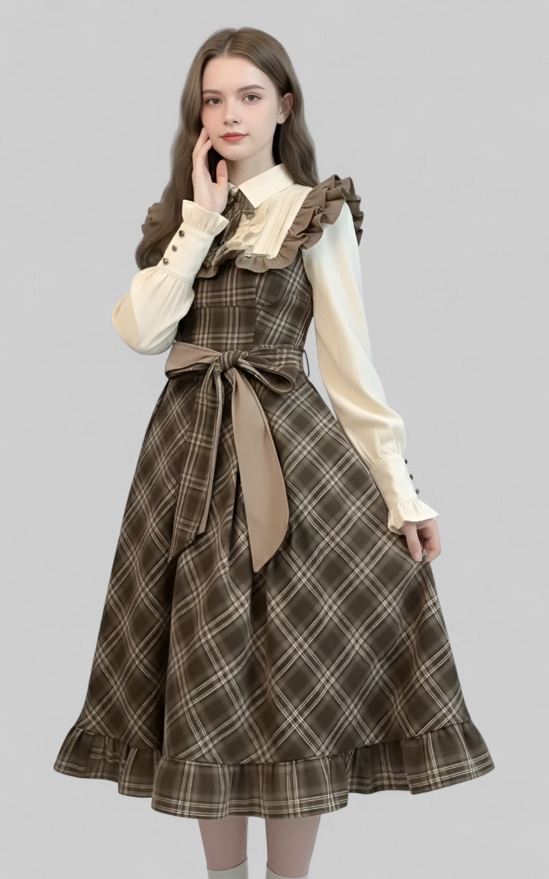 French Plaid Ruffle Midi Dress