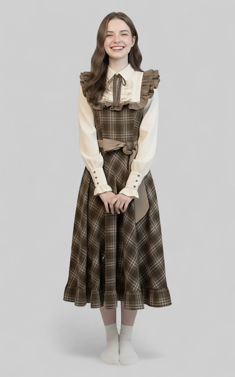 French Plaid Ruffle Midi Dress