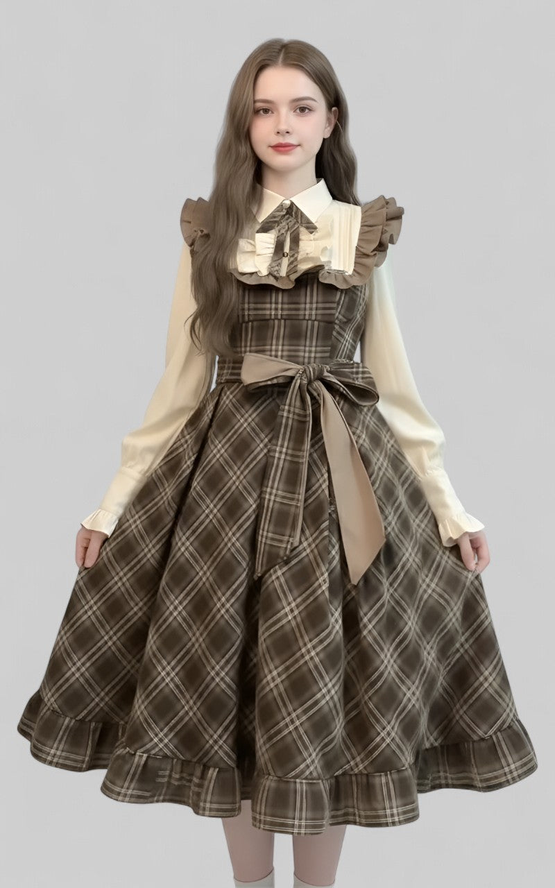 French Plaid Ruffle Midi Dress