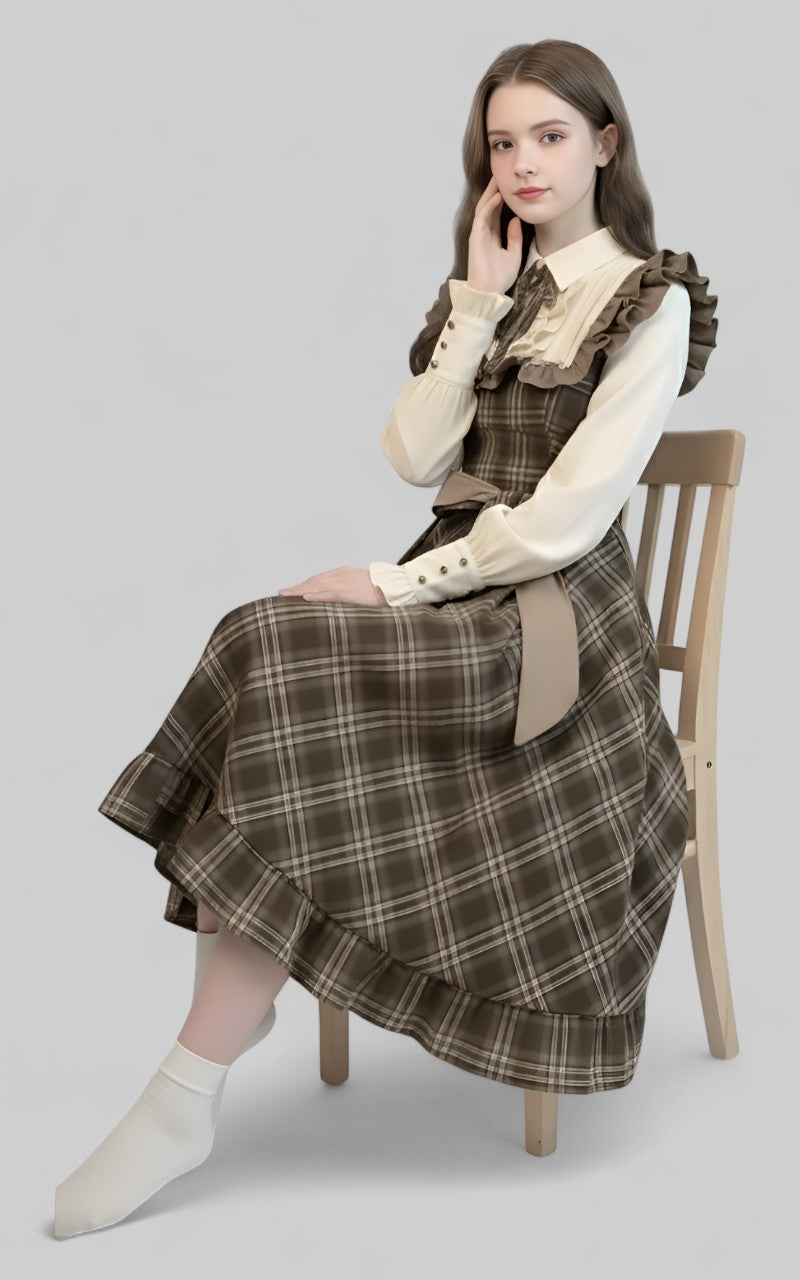 French Plaid Ruffle Midi Dress